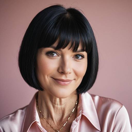 Middle-aged Woman with Black Bob Cut and Pink Silk Blouse
