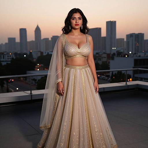 Photograph of a dark-haired woman with red lipstick, wearing a gold-embellished, sheer bridal outfit, standing on a rooftop at sunset with