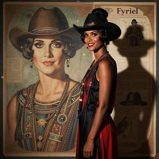 Photograph of a smiling dark-skinned woman with red lipstick, black dress, and hat, standing next to a vintage portrait illustration. Background includes shadow