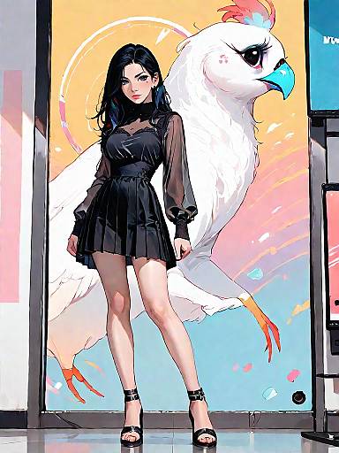 Chic Woman in Black Dress with Large Bird Illustration