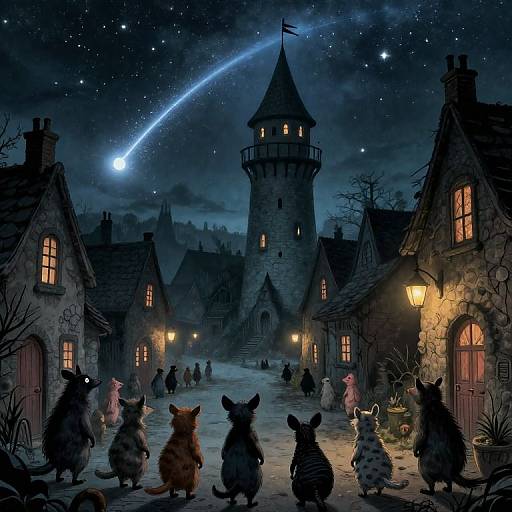 Digital illustration of a moonlit village with stone cottages, a tall tower, and shooting star. Furry, anthropomorphic creatures stand in the cob