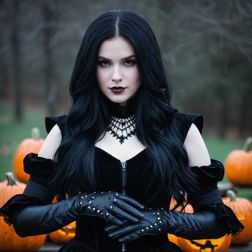 Gothic Woman in Halloween Costume with Pumpkins