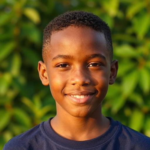 Photograph of a young African boy with short curly hair, smiling, wearing a dark blue shirt, against a blurred green leafy background.