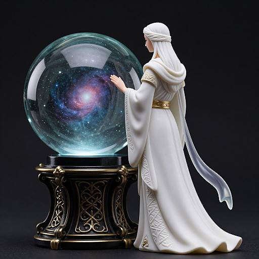 Photograph of a white-robed, veiled female statue touching a glowing, starry glass snow globe on an ornate black pedestal.