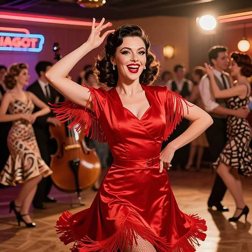 Photograph of a smiling, dark-haired woman in a vibrant red, fringed dance dress, leading a lively swing dance in a dimly-lit
