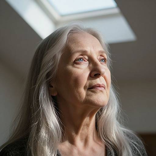 Photograph of an elderly woman with long, silver hair, looking upward, illuminated by a skylight. She has a thoughtful expression, wearing a