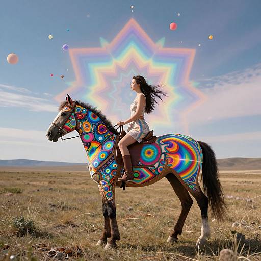 Photograph of a woman with long black hair, wearing white shorts, riding a vividly painted horse in a grassy field, with a glowing rainbow