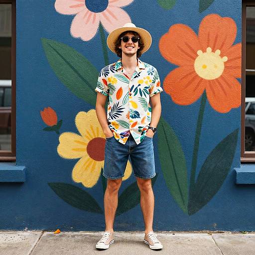 Photograph of a man in a tropical shirt, denim shorts, straw hat, sunglasses, and white sneakers, standing in front of a colorful floral mural