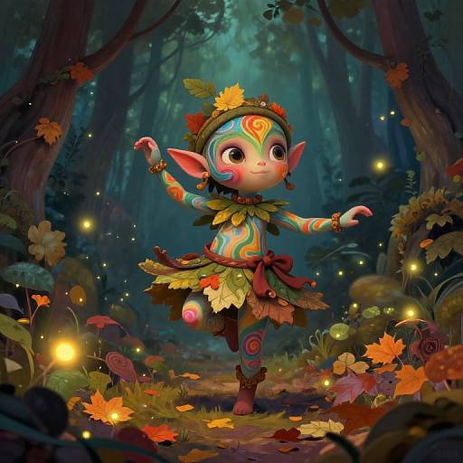 Digital fantasy artwork of a colorful, elf-like child dancer with flower crown, leaf skirt, and vibrant face paint, surrounded by glowing fireflies in a