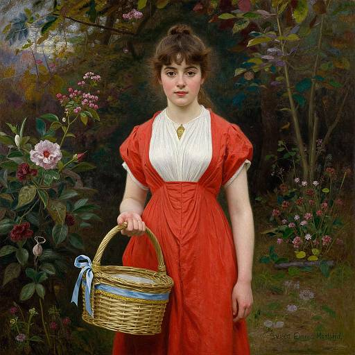 Digitally enhanced painting of a young woman in a red dress with white blouse, holding a wicker basket, standing in a lush, floral garden.