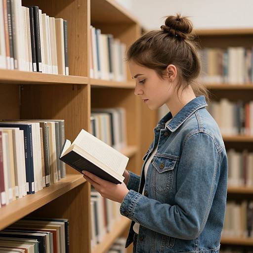 Photograph of a young woman with fair skin and brown hair in a bun, wearing a blue denim jacket, reading a book in a library with wooden