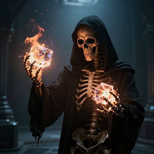Photograph of a hooded skeleton figure with glowing, fiery hands in a dark, eerie, blue-lit hallway, creating an ominous atmosphere.