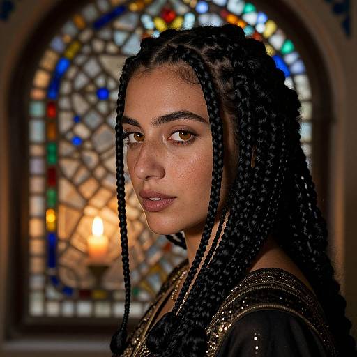 Photograph of a young woman with dark brown skin and long, intricately braided hair, gazing forward against a colorful stained glass background. Warm