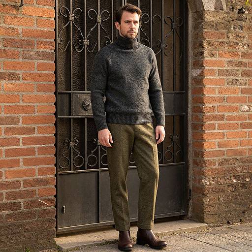 Photograph of a serious, bearded man in a dark gray turtleneck sweater, olive pants, and brown boots, standing in front of a