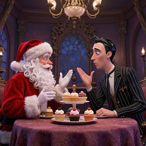 CGI image of Santa Claus with a white beard and red suit, gesturing to a surprised man in a striped suit, seated at a table with
