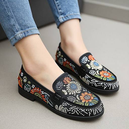 Photograph of a woman's feet wearing black floral embroidered slip-on shoes, blue denim jeans, standing on a gray floor.