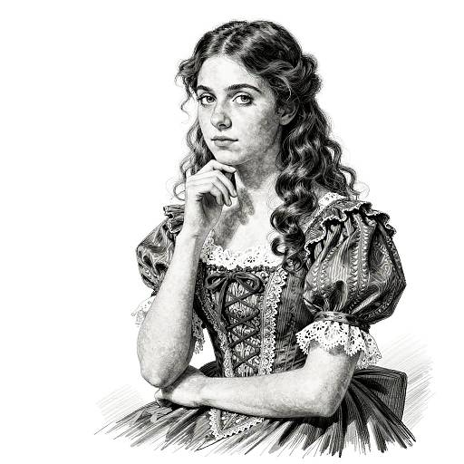 Black-and-white ink drawing of a young woman with wavy hair, wearing a lace-trimmed, puffed-sleeve dress, resting her