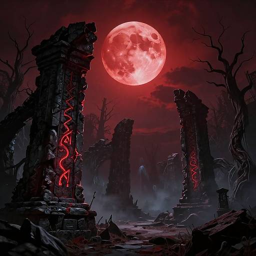 Digital illustration of a dark, eerie ruins scene under a glowing red full moon. Crumbling stone columns with red, glowing runes stand in the foreground,