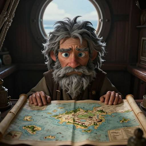 CGI image of an elderly man with a long gray beard, wide blue eyes, and a brown vest, intensely studying a detailed, colorful map spread