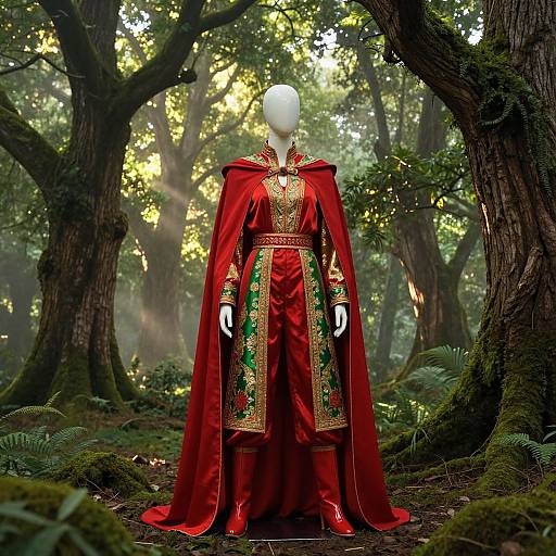 Photograph of a faceless mannequin in an ornate red royal robe with gold and green embroidery, standing in a sunlit, misty