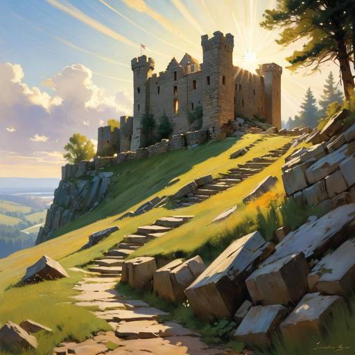 Ancient Castle on Hillside at Sunset