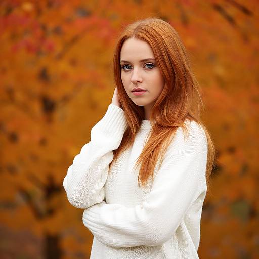 Photograph of a young woman with long red hair, wearing a white knit sweater, standing against a vibrant autumn background with orange and red leaves.