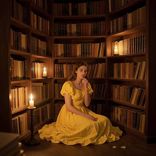 Photograph: Young woman in yellow, puffed-sleeve dress, sitting thoughtfully in dimly lit, wooden bookshelf library with candles illumin