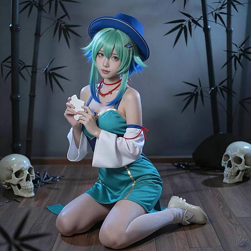 Blue-Toned Anime Girl with Skull