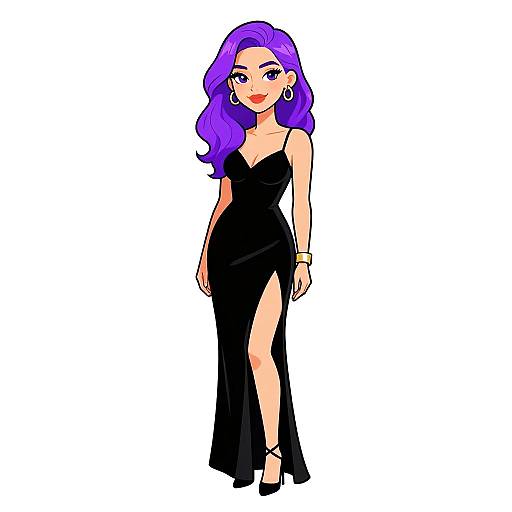 Digital drawing of a stylish woman with purple hair, wearing a black, sleeveless, high-slit gown, black heels, gold bracelet, and hoop