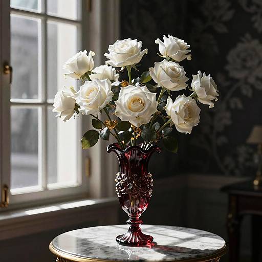 Rococo Roses in Red Crystal Vase