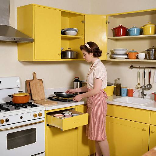 1930s Woman Cooking in Retro Kitchen