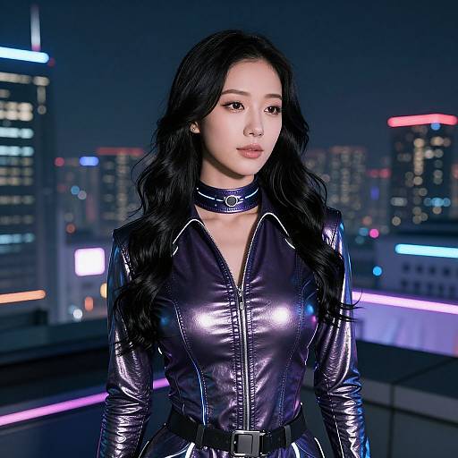 Photorealistic CGI of an East Asian woman with long black hair in a shiny, black latex catsuit, standing in a neon-lit, futuristic