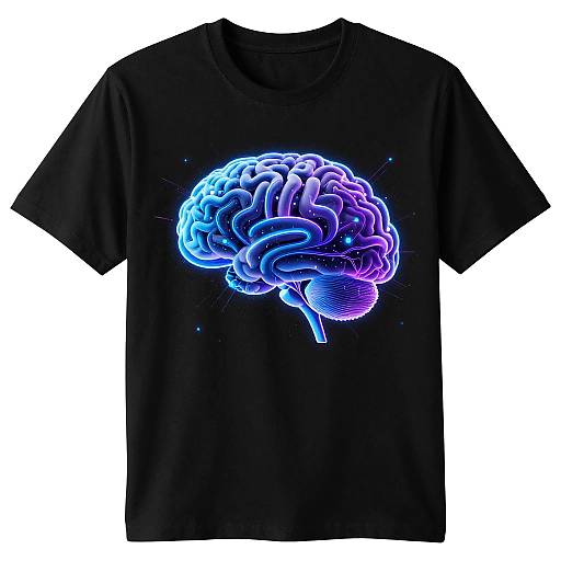 Black T-shirt with a neon blue and purple, glowing, digitally-illustrated human brain on the front. The brain features intricate, luminous lines