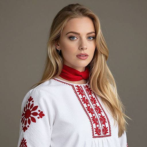 Blonde Woman in Embroidered Dress