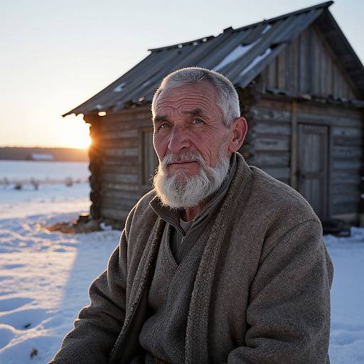 Photograph of an elderly white man with a white beard, wearing a brown wool coat, sitting in front of a rustic wooden shed at sunset in a
