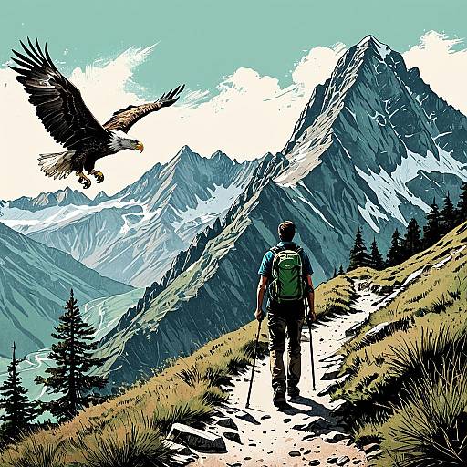 Mountain Hike Illustration with Guide and Eagle