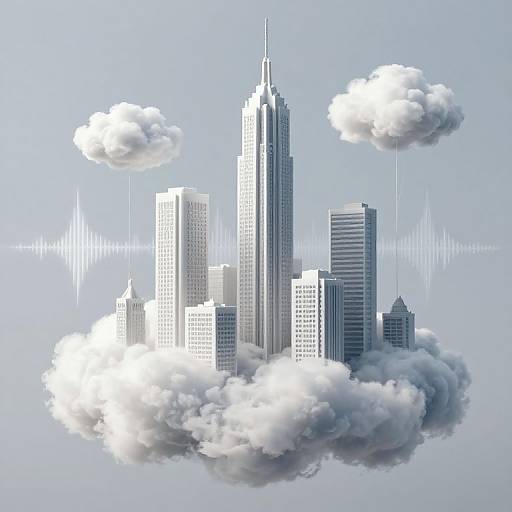 Digital illustration of skyscrapers floating on clouds with white, fluffy clouds and light blue sky, featuring heart rate line graphics.