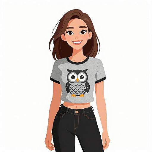 Digital illustration of a smiling young woman with brown hair, wearing a gray owl-print crop top and black jeans, standing against a white background.