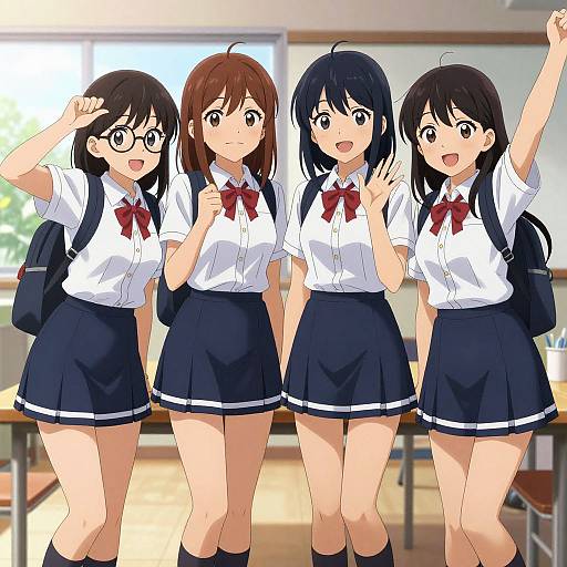 Anime-style digital illustration of four schoolgirls in white shirts and navy skirts, standing in a classroom with desks and windows. Each girl has different hair colors