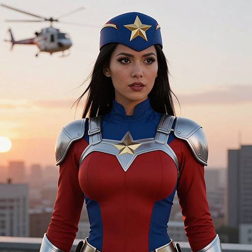 Photorealistic CGI of a Latina superhero woman with long black hair, red and blue costume, silver armor, gold star, standing on rooftop, helicopter