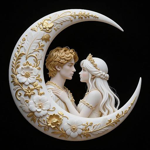 Digital artwork of a white, gold-ornamented crescent moon framing a blonde man and a fair-skinned, white-haired woman in a romantic