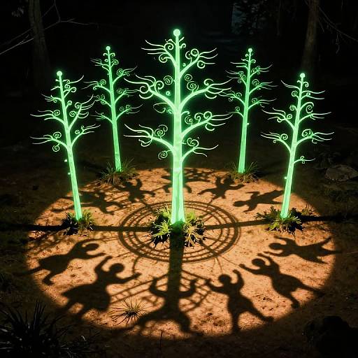 Photograph of glowing, neon-green, leafless trees with intricate swirls, casting shadow patterns on a sandy ground in a dark forest.