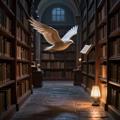 Photograph of a white dove with wings outstretched flying between dimly lit, wooden bookshelves in a library, illuminated by a small lamp