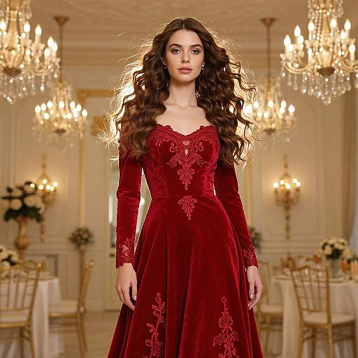Photograph of a brunette woman with long, wavy hair in a red velvet dress with intricate lace patterns, standing in an elegant, chandelier-l