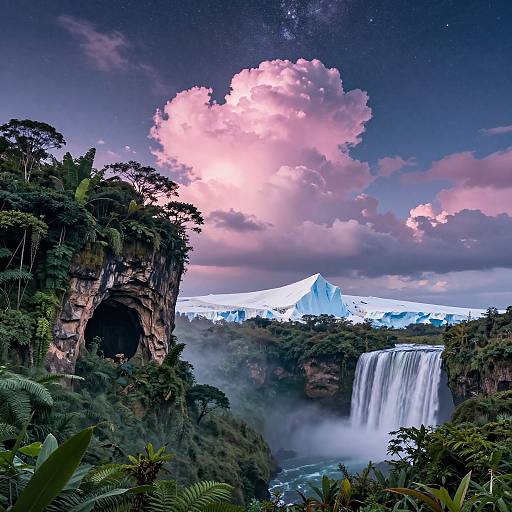 Photograph of a lush, tropical landscape with a cascading waterfall, a large cave, vibrant pink clouds, and snow-capped mountains in the background