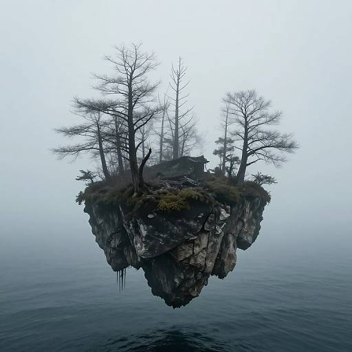 Photograph of a misty, floating island with barren trees, rocky cliffs, and a small wooden hut, surrounded by calm, reflective water.