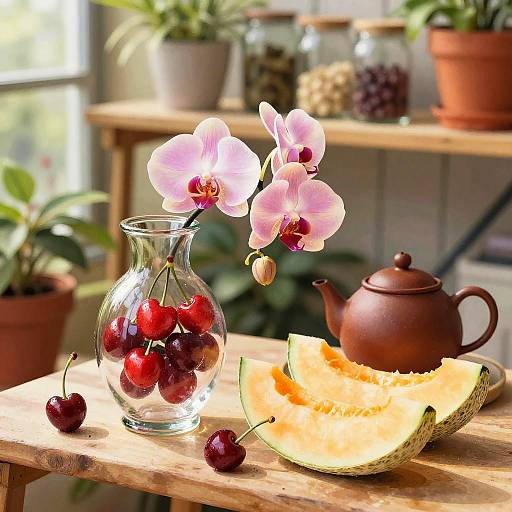 Still Life with Cherries, Orchids, Melon, and Teapot