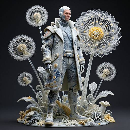 Digital sculpture of a futuristic armored figure standing among glowing, intricate dandelion-like flowers against a dark background. Detailed metallic clothing with white accents.