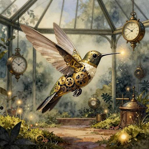 Steampunk Mechanical Hummingbird in Glass Greenhouse