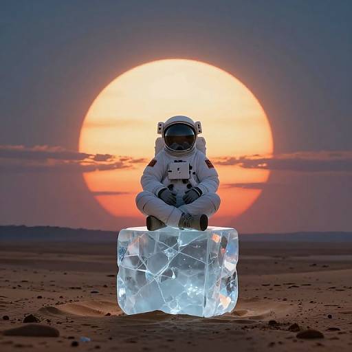 Photograph of an astronaut in a white spacesuit sitting on a glowing, cracked ice cube against a large orange sunset on a barren desert landscape.